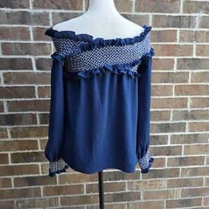 Vince Camuto Navy Off-Shoulder Ruffled Blouse